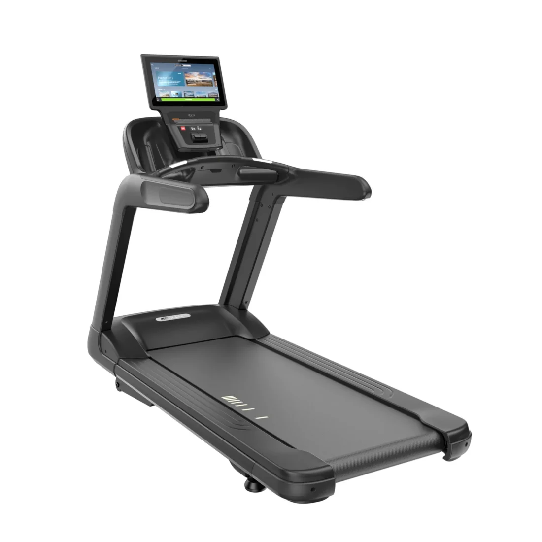 Precor TRM 885 commercial treadmill with P84 16-inch touchscreen console and Smart Watch Connector – rear three-quarter view