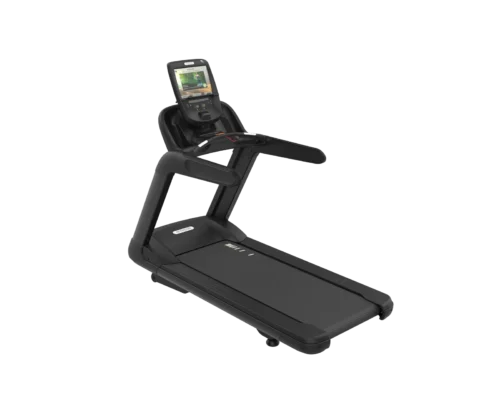 Precor TRM 885 commercial treadmill with P82 15-inch touchscreen console – front three-quarter view