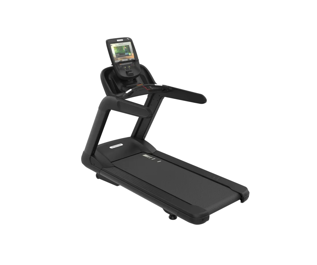 Precor TRM 885 commercial treadmill with P82 15-inch touchscreen console – front three-quarter view