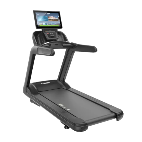 Precor TRM 895 commercial treadmill with P94 22-inch touchscreen console – rear left three-quarter view