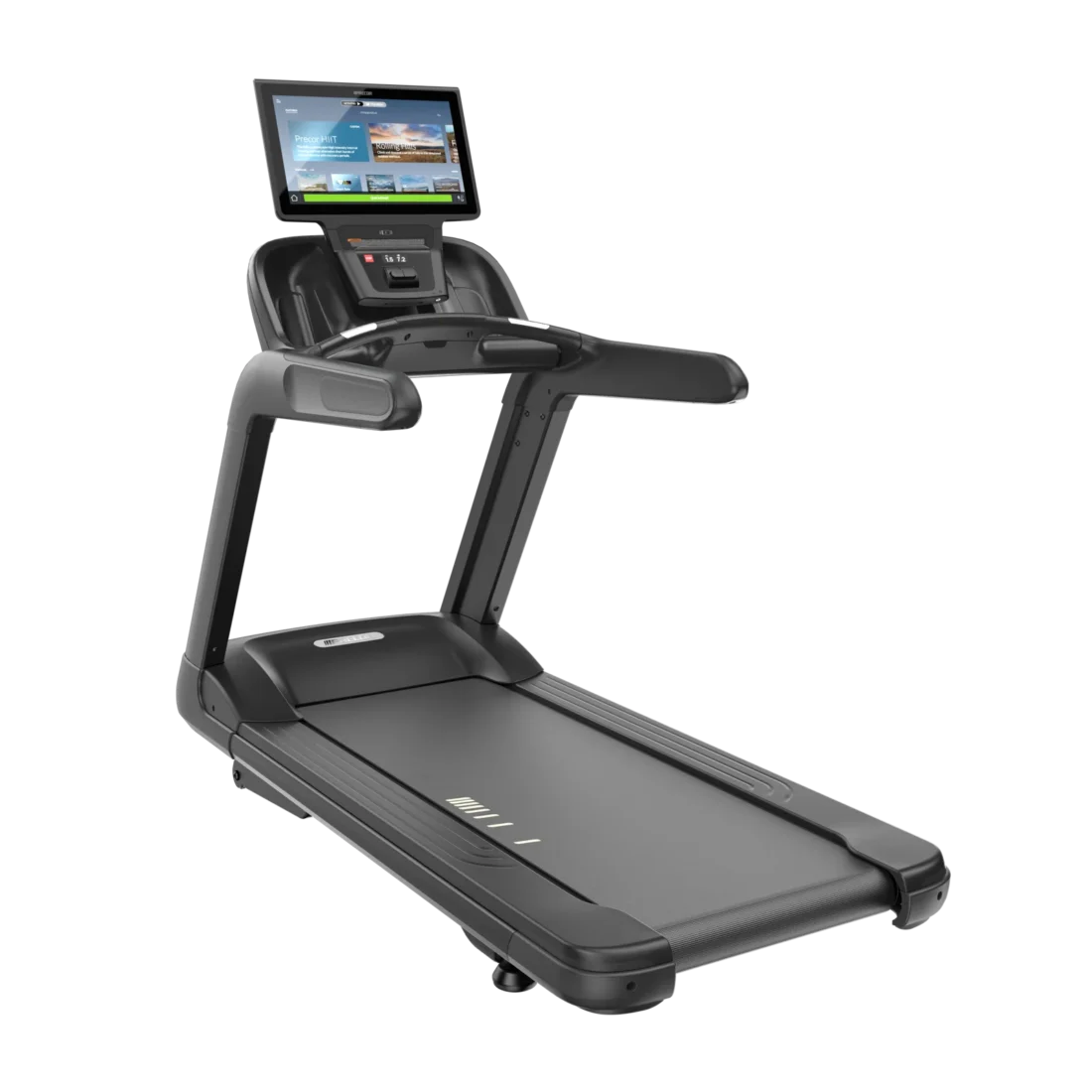 Precor TRM 895 commercial treadmill with P94 22-inch touchscreen console – rear left three-quarter view