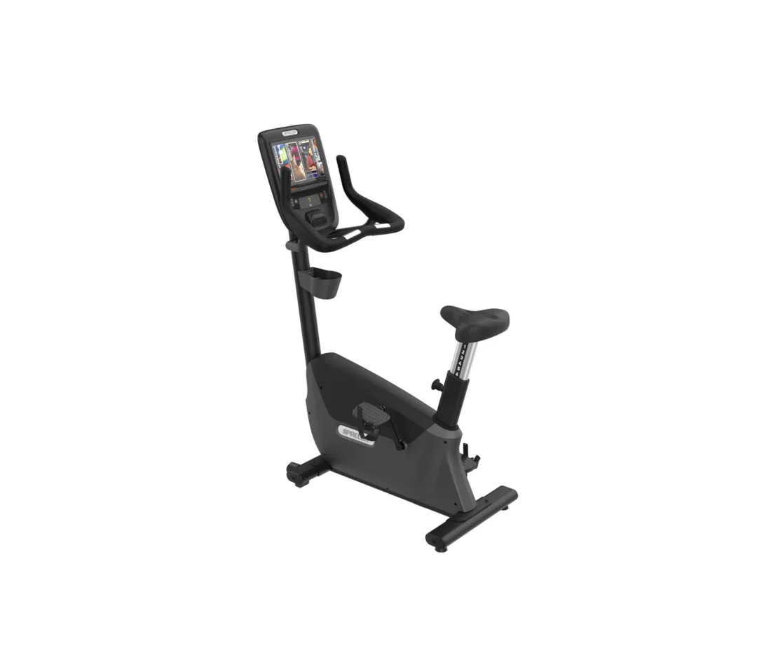 Precor UBK 665 Upright Bike commercial upright bike with P62 10-inch touchscreen console - three-quarter view