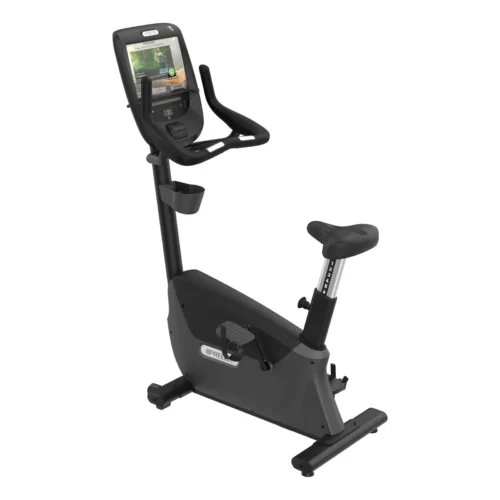 Precor UBK 685 Upright Bike commercial upright bike with P82 15-inch touchscreen console - three-quarter view