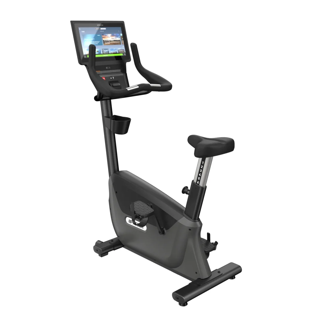 Precor UBK 685 Upright Bike commercial upright bike with P84 16-inch touchscreen console with Smart Watch Connector - rear-left view