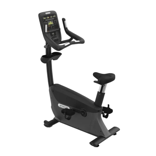 Precor UBK 835 commercial upright bike with P31 LED console and touch heart rate handlebars in Black Pearl – front three-quarter view
