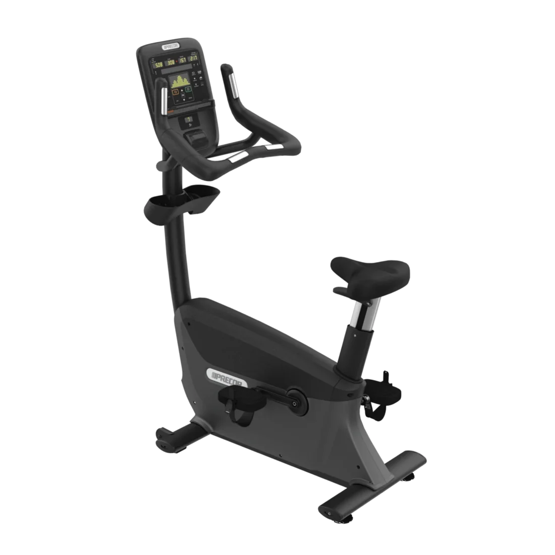 Precor UBK 835 commercial upright bike with P31 LED console and touch heart rate handlebars in Black Pearl – front three-quarter view