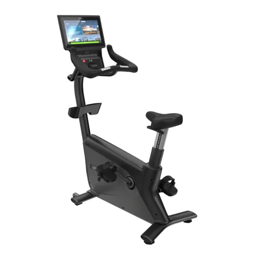 Precor UBK 885 commercial upright bike with P84 16-inch touchscreen console - rear-left view