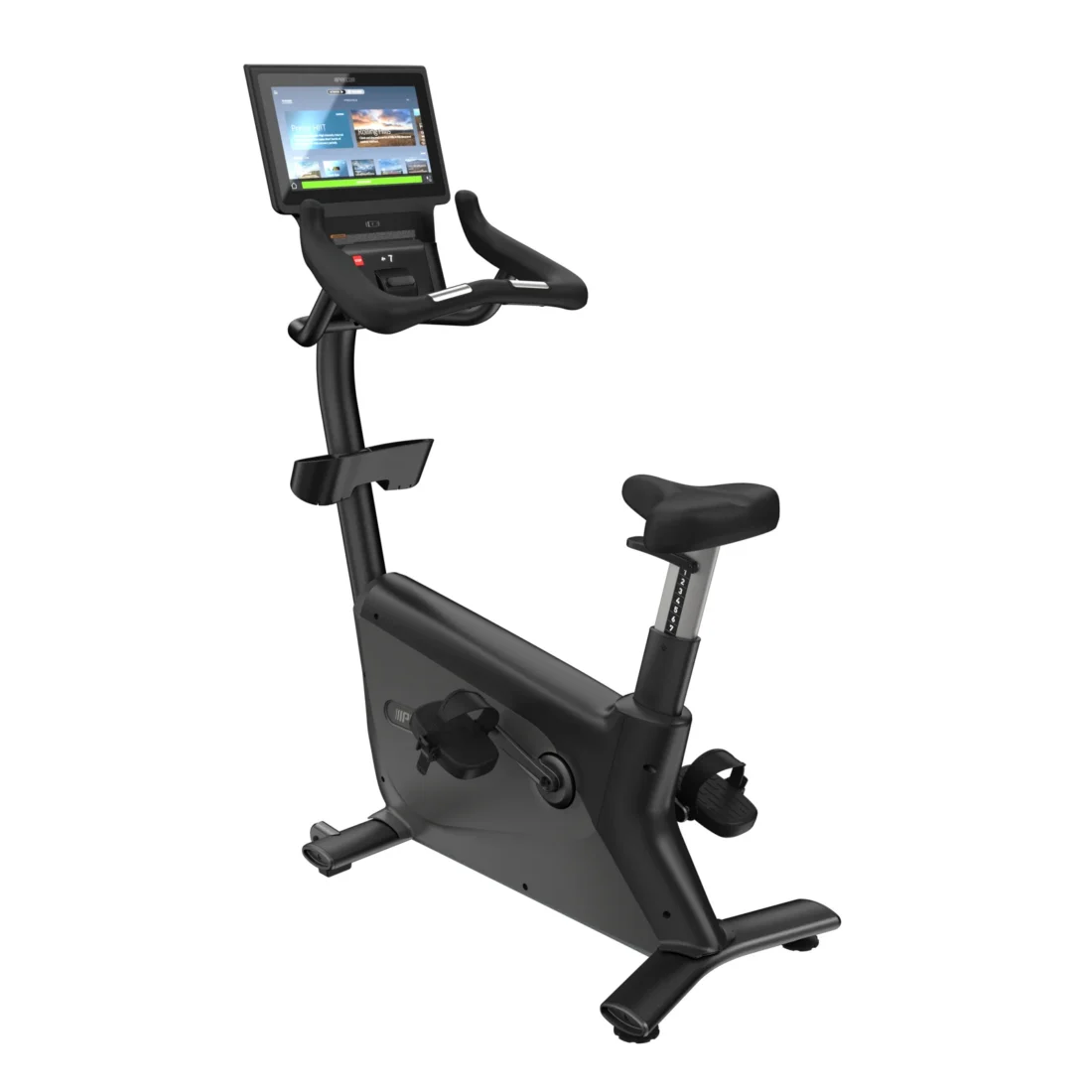 Precor UBK 885 commercial upright bike with P84 16-inch touchscreen console - rear-left view