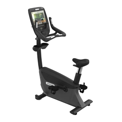 Precor UBK 885 commercial upright bike with P82 15-inch touchscreen console – front three-quarter view