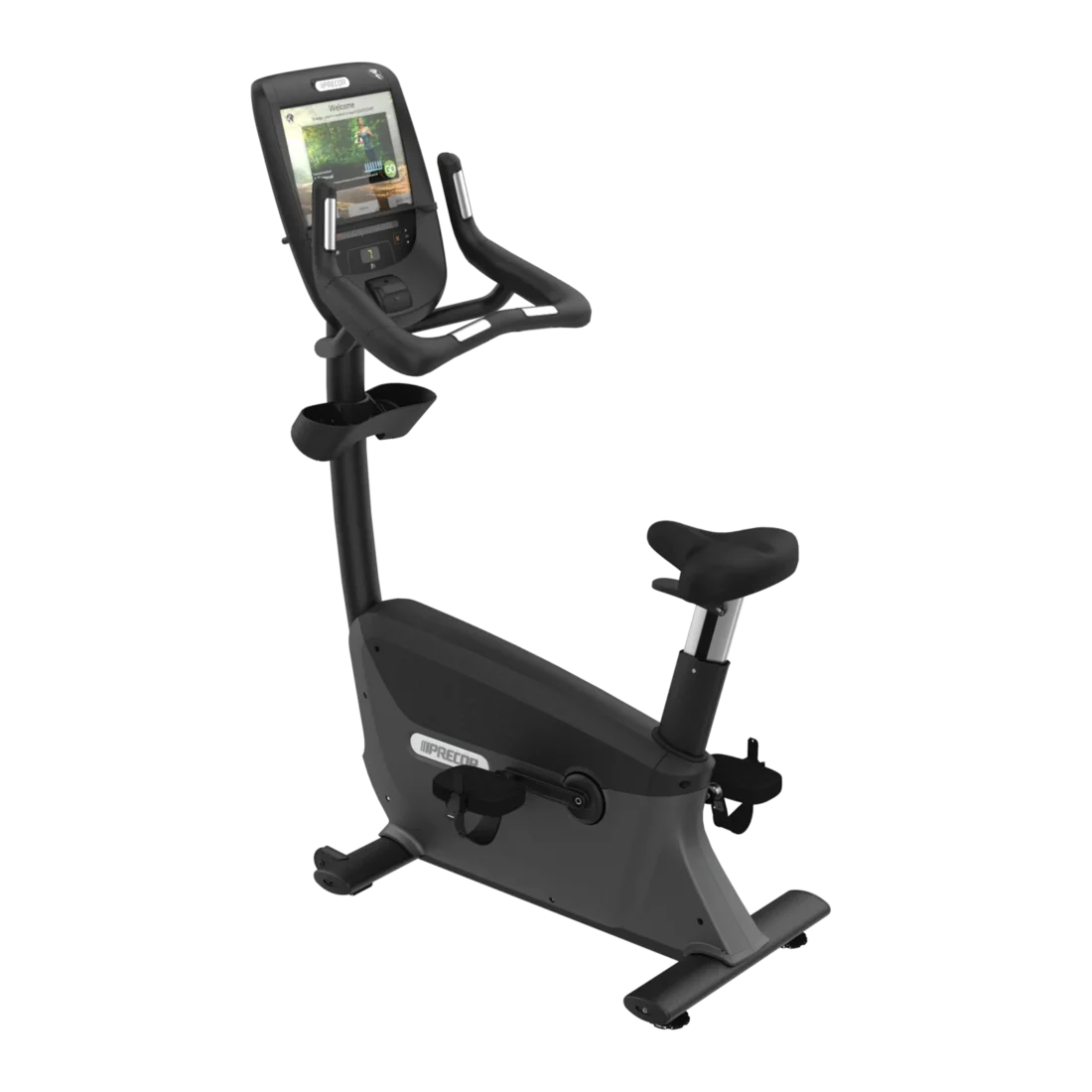 Precor UBK 885 commercial upright bike with P82 15-inch touchscreen console – front three-quarter view