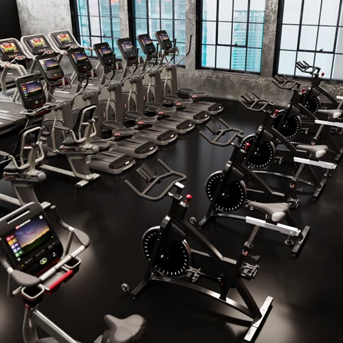 Row of Schwinn IC Classic indoor cycles in a cycling studio