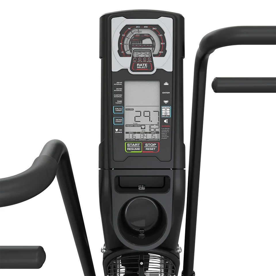 TRUE ADX air bike LCD tachometer console showing watts, RPM and heart rate
