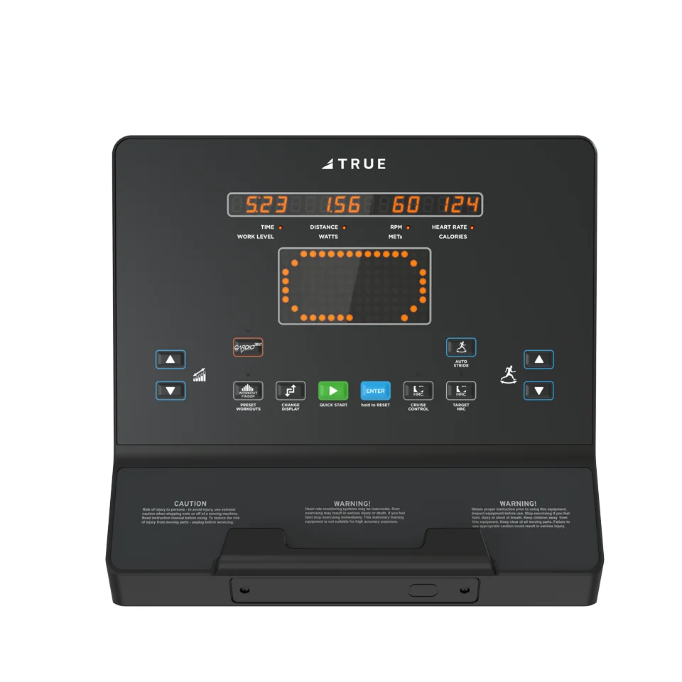 TRUE Emerge console showing the LED workout display, quick keys and built-in programs