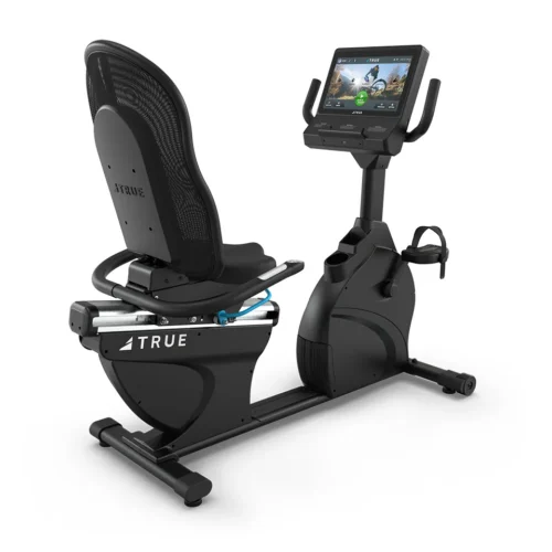 TRUE Performance Series Recumbent Bike rear three-quarter view showing the walk-through frame, mesh reclining seat back and touchscreen console