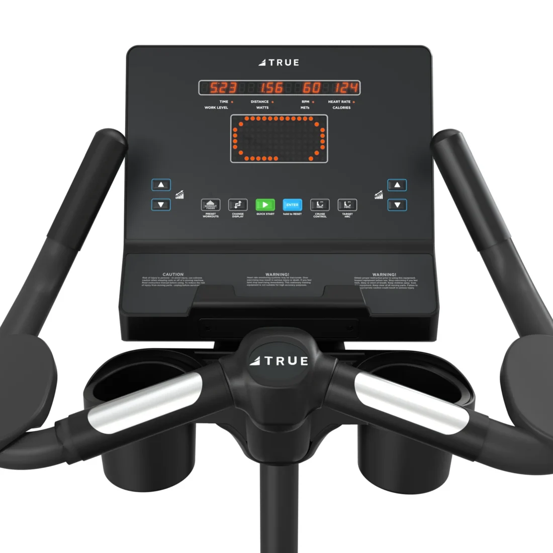 Close-up user view of the TRUE Performance Series Upright Bike Emerge console showing the LED display and quick keys
