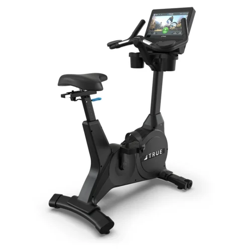 TRUE Performance Series Upright Bike rear three-quarter view showing the upright frame, padded seat and touchscreen console