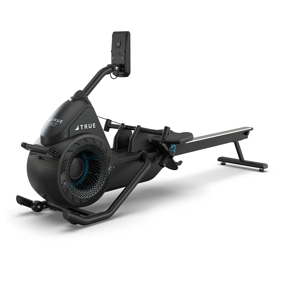 TRUE Ro rower left front three-quarter view with dual fan and magnetic resistance