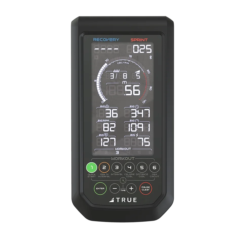 TRUE Surge indoor cycle 7 inch backlit LCD console showing watts, RPM and heart rate