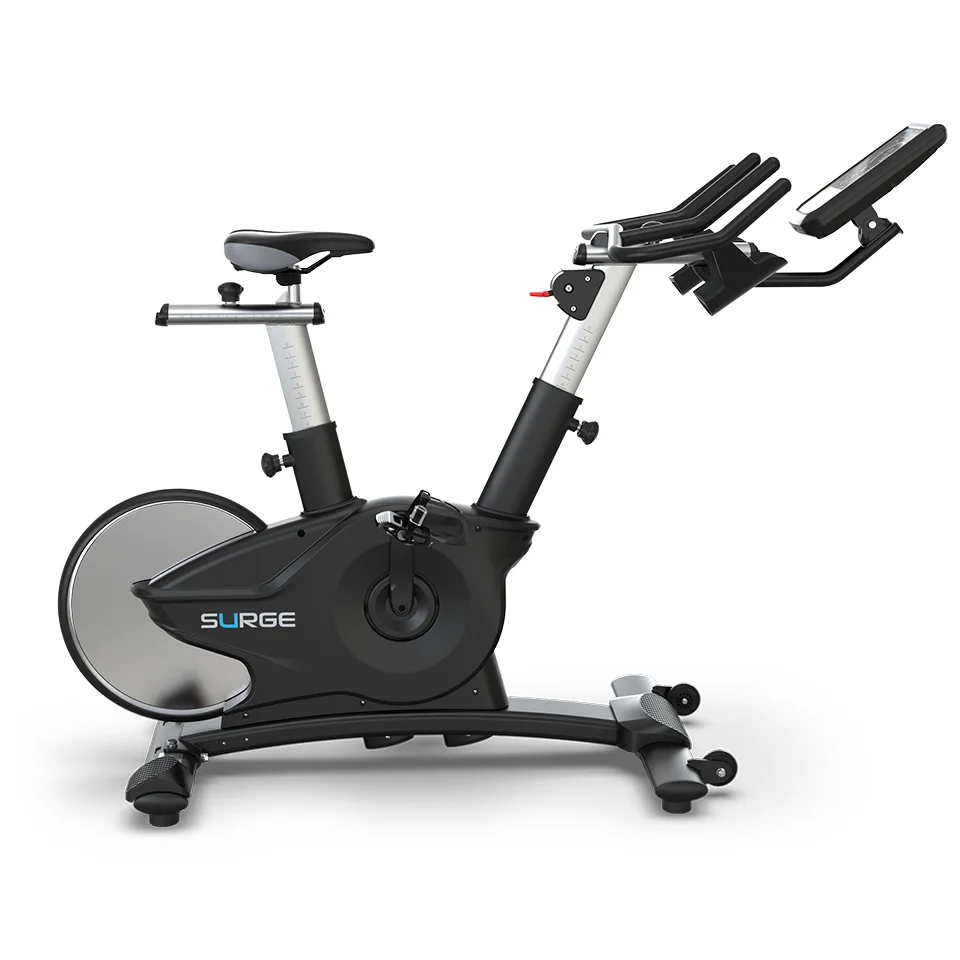 TRUE Surge indoor cycle side profile with Poly-V belt drive and rear flywheel