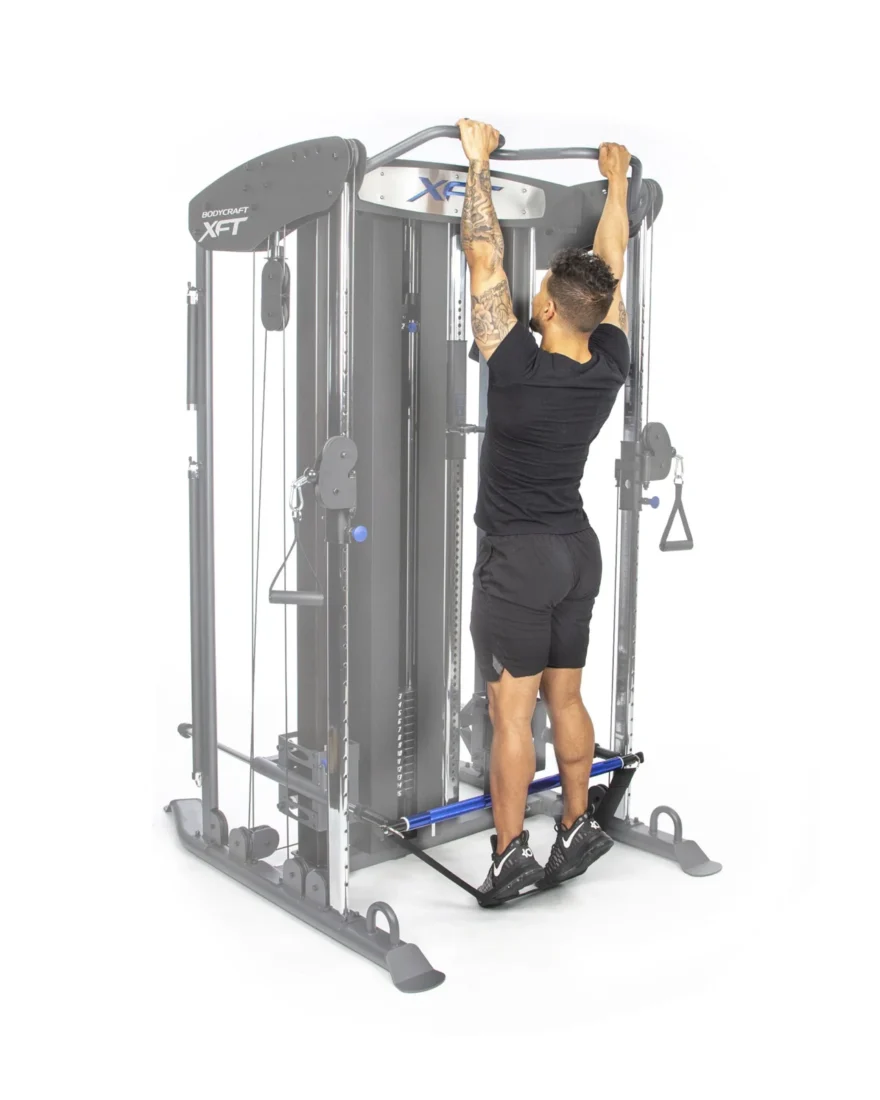 Athlete using the BodyCraft chin assist strap on a functional trainer