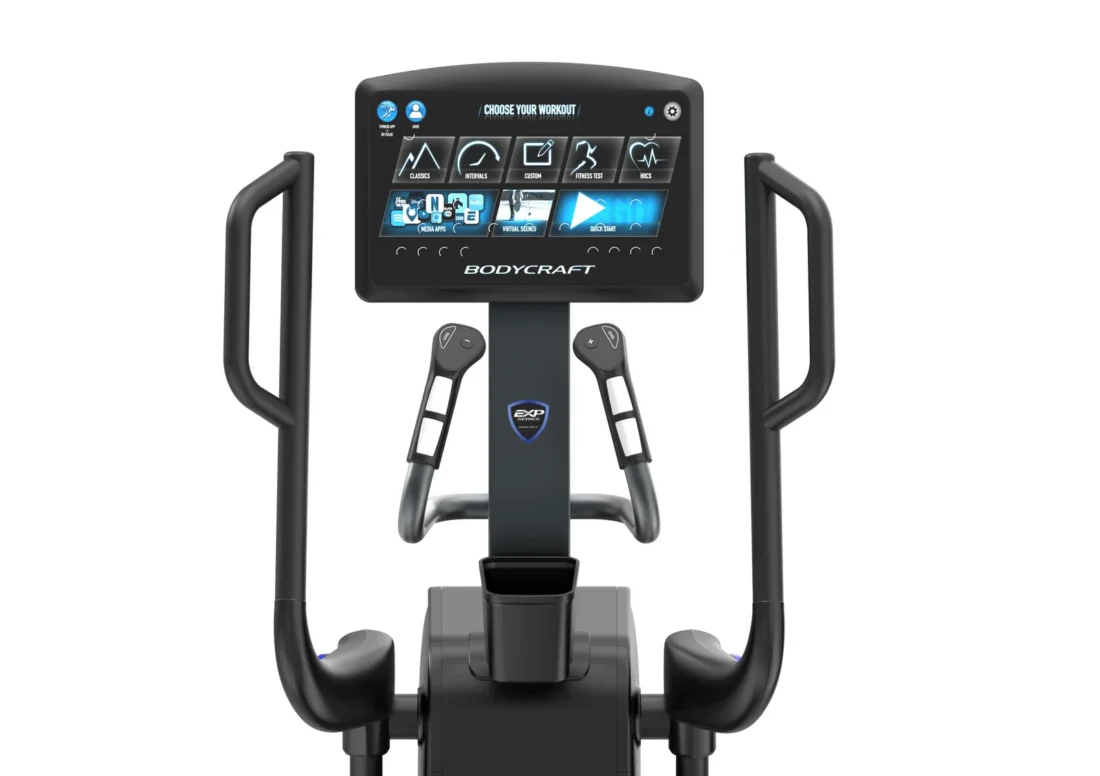 BodyCraft E900 16-inch touchscreen console, front view with workout menu