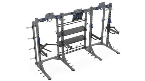 Connected BodyCraft EXP CHR half racks with a 60-inch storage tray in the center bay
