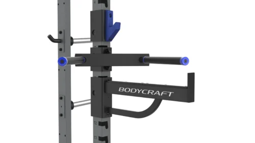 BodyCraft EXP CHR dip handles mounted on the half rack upright
