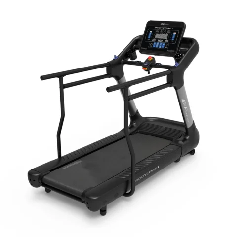 BodyCraft T1200 treadmill with long handrails, three-quarter view