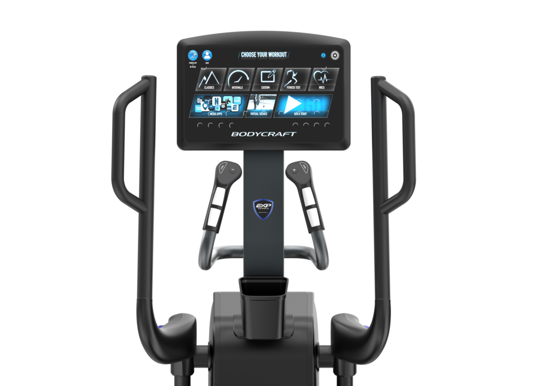BodyCraft E900 16-inch touchscreen console, front view with workout menu