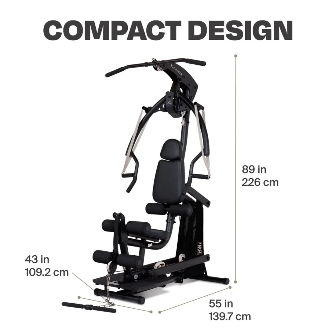 Centr BW1 home gym dimensions: 43 in wide, 55 in deep, 89 in tall