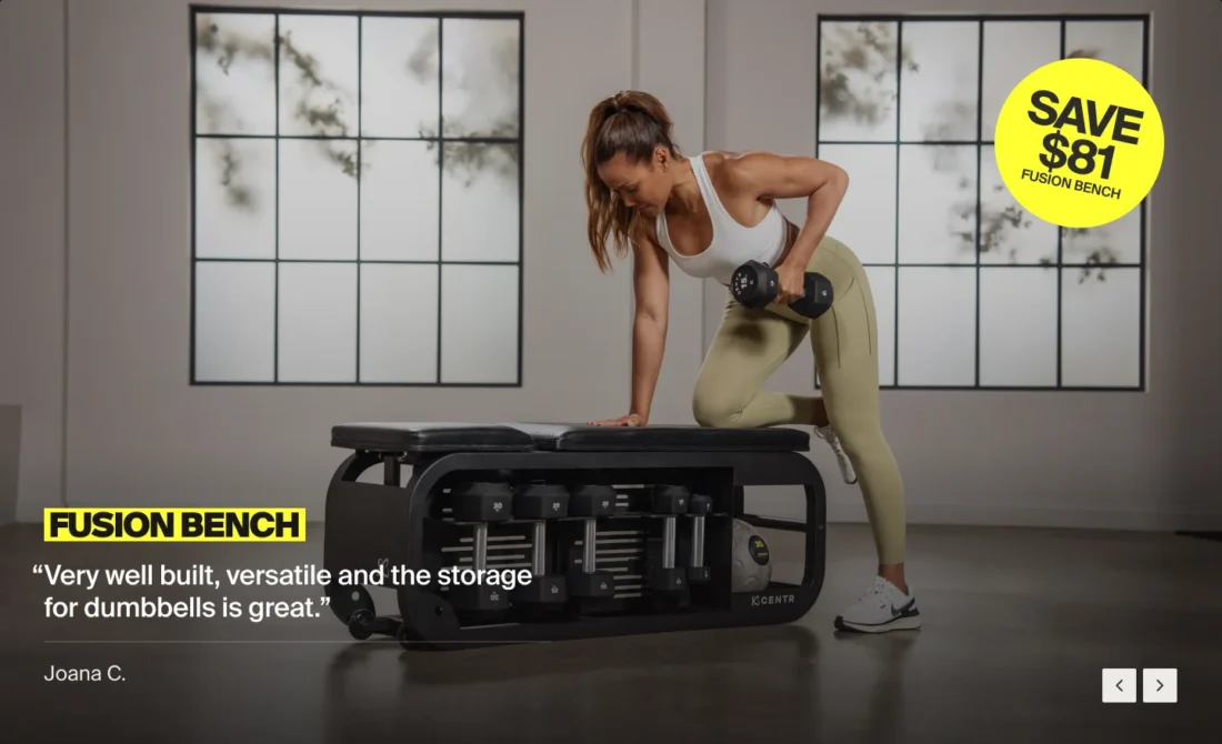 Centr Fusion Bench with dumbbell storage – save $81