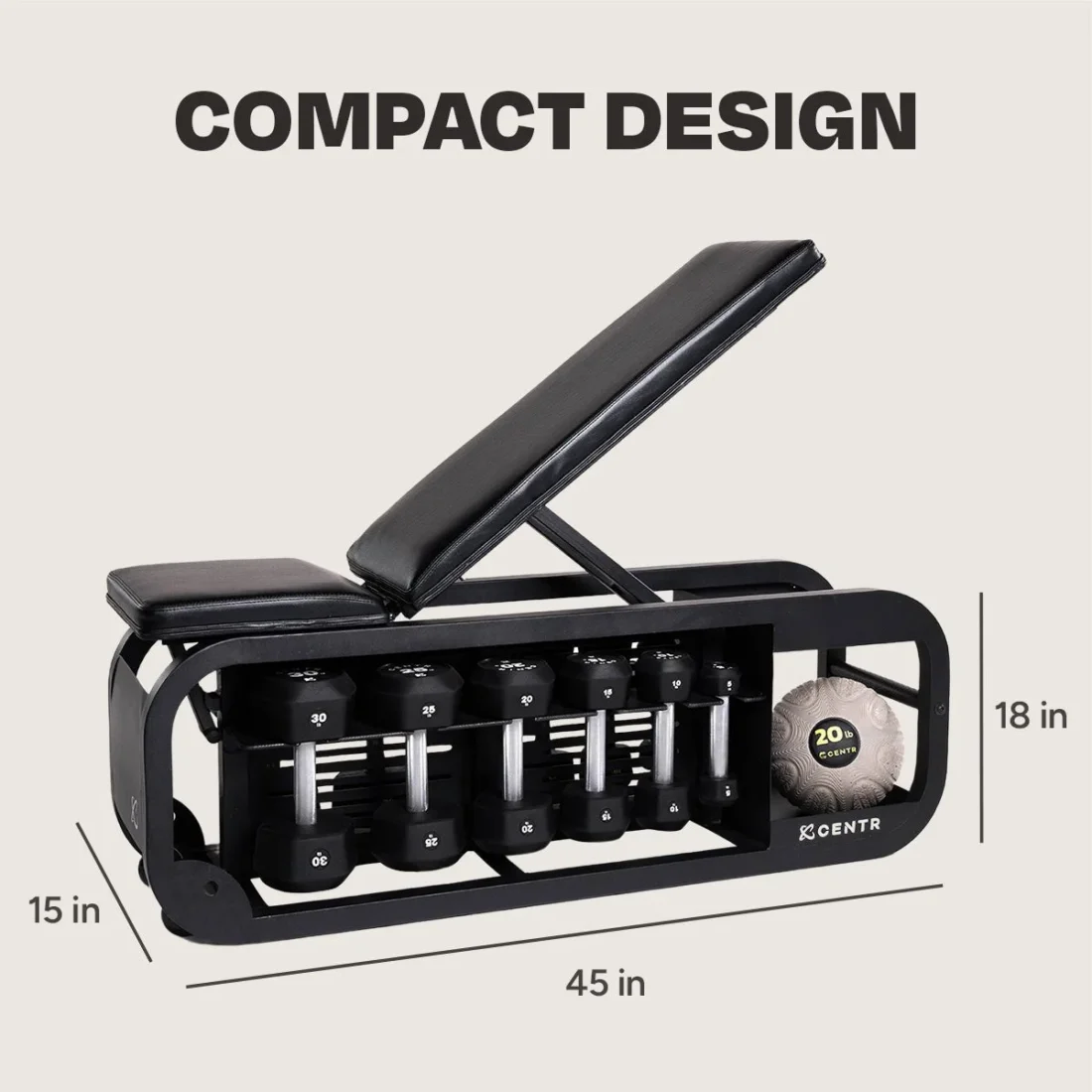 Centr Fusion Bench dimensions: 45 in long, 15 in wide, 18 in high