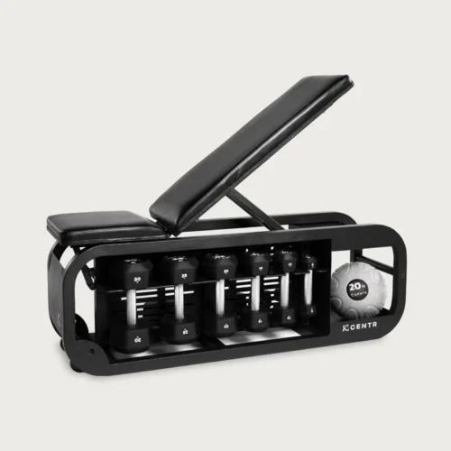 Centr Fusion Bench in the incline position with dumbbells stored underneath, on white