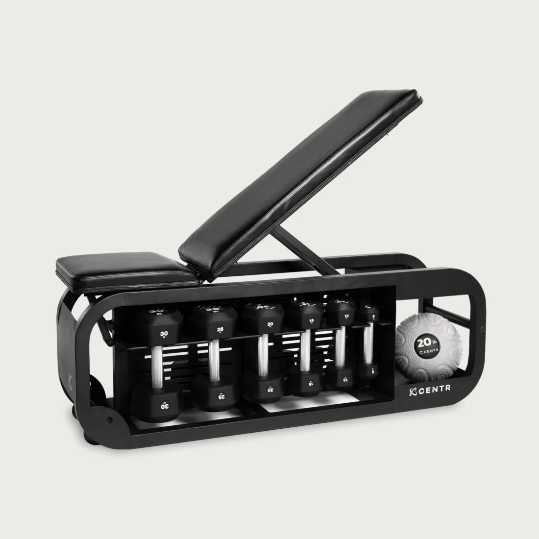 Centr Fusion Bench in the incline position with dumbbells stored underneath, on white