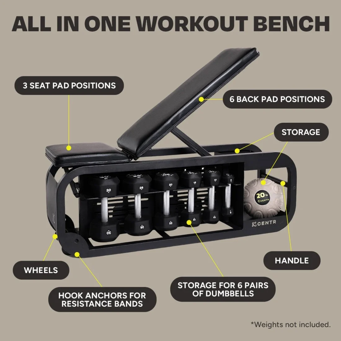 Centr Fusion Bench overview labeling seat positions, back positions, storage, wheels, handle and band hook anchors
