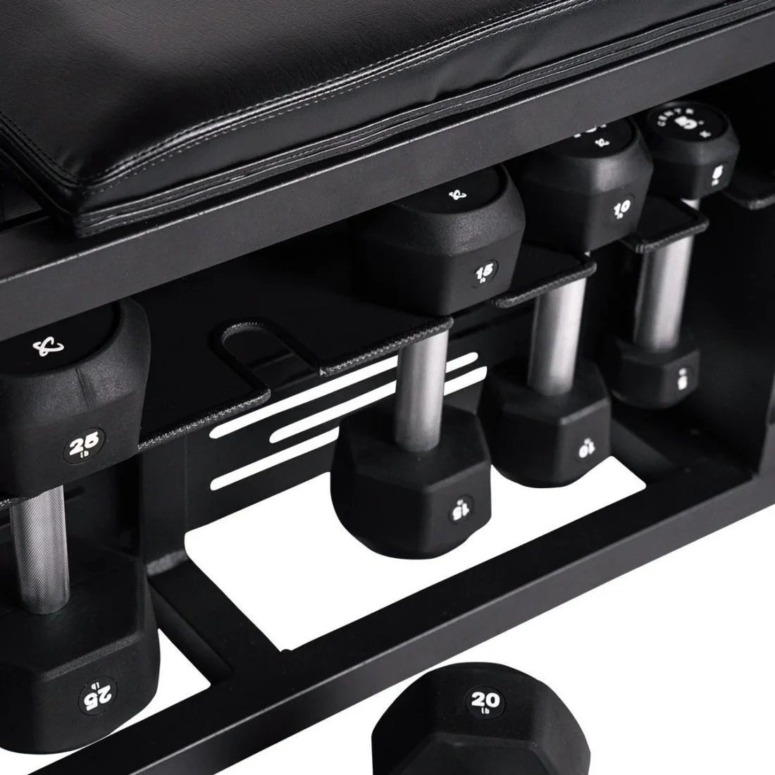 Close-up of hex dumbbells hanging in the Centr Fusion Bench storage bay
