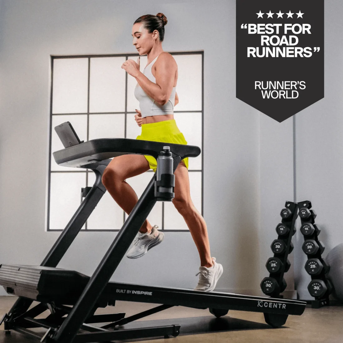 Woman running on the Centr Runr treadmill, powerful brushless motor graphic