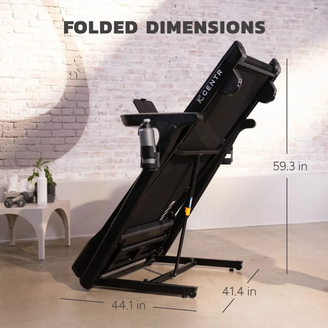 Centr Runr treadmill folded upright: 59.3 in tall, 44.1 in long, 41.4 in wide