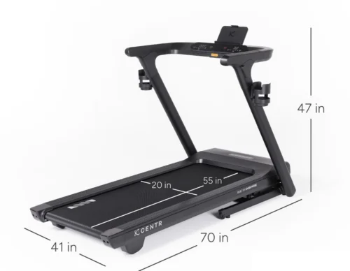 Centr Runr folding treadmill on white with 20 x 55 in running surface, 70 in long, 41 in wide, 47 in tall