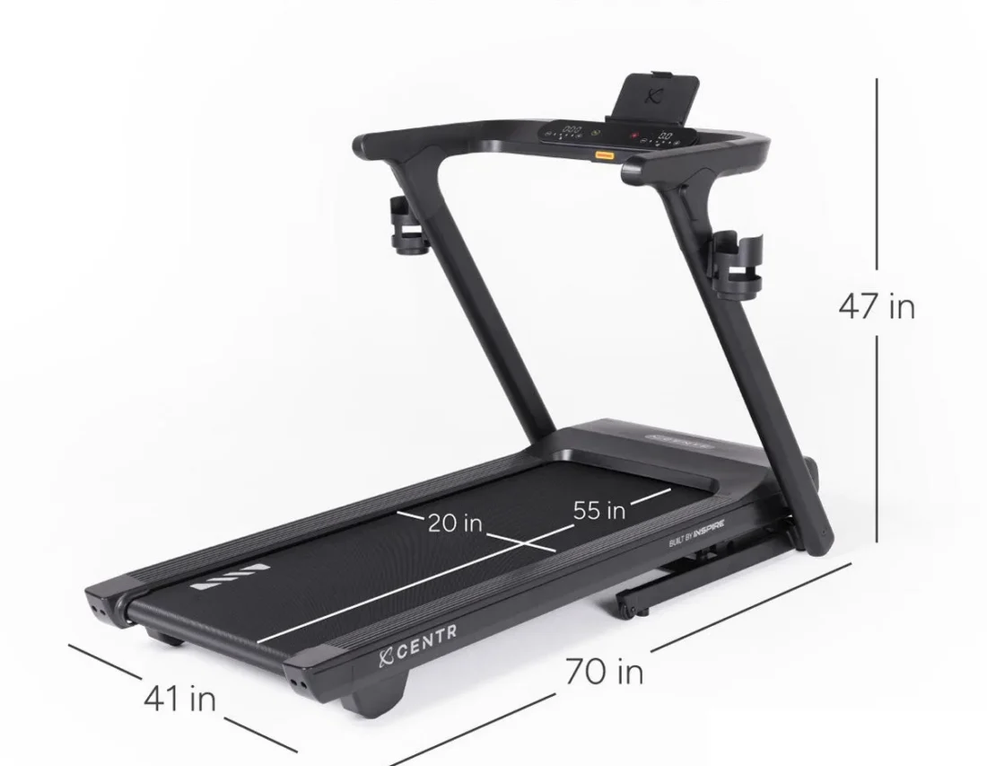 Centr Runr folding treadmill on white with 20 x 55 in running surface, 70 in long, 41 in wide, 47 in tall