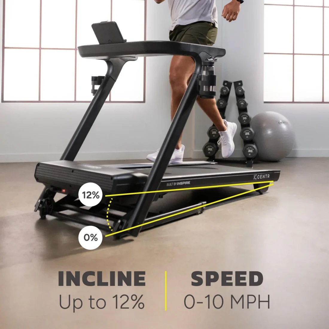 Centr Runr treadmill with incline raised, showing up to 12% incline and 0–10 mph speed