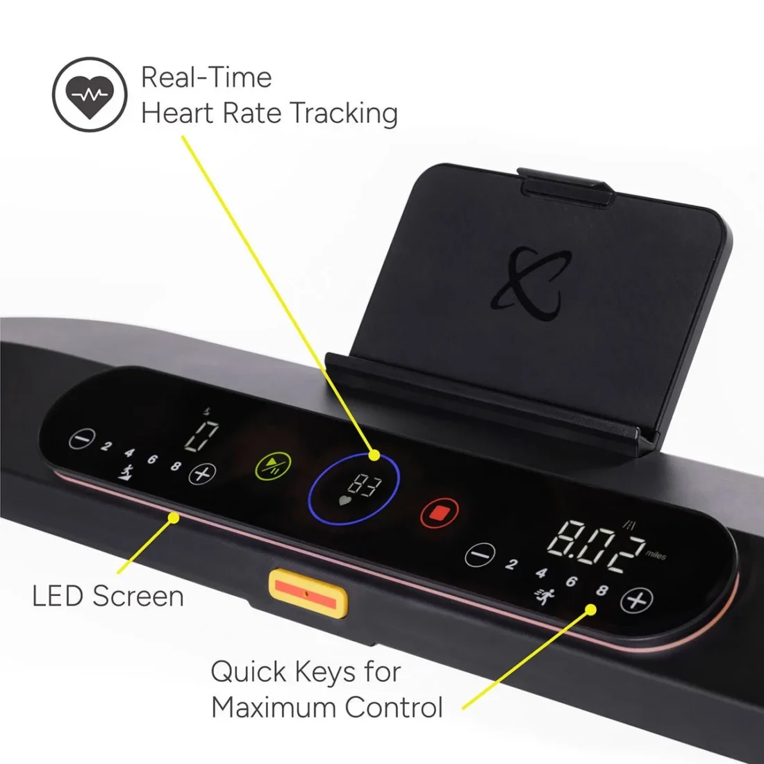 Centr Runr LED console with quick keys, real-time heart rate display and tablet holder