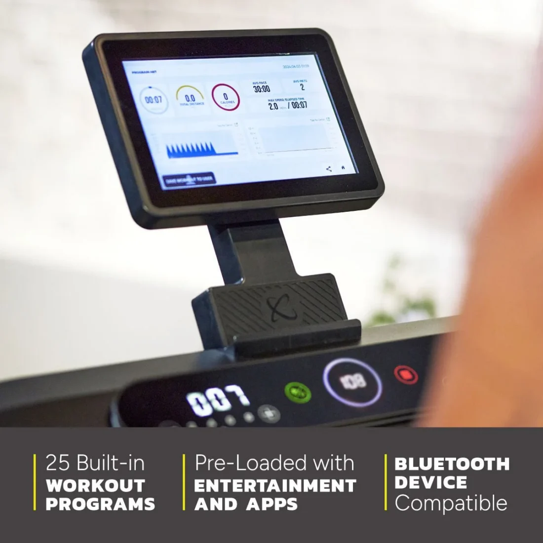 Centr Runr-S 10 inch touchscreen showing workout metrics, 25 programs and entertainment apps
