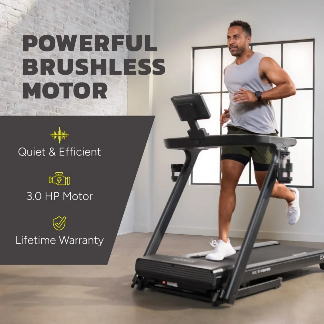 Man running on the Centr Runr-S with 3.0 HP brushless motor and lifetime warranty callouts