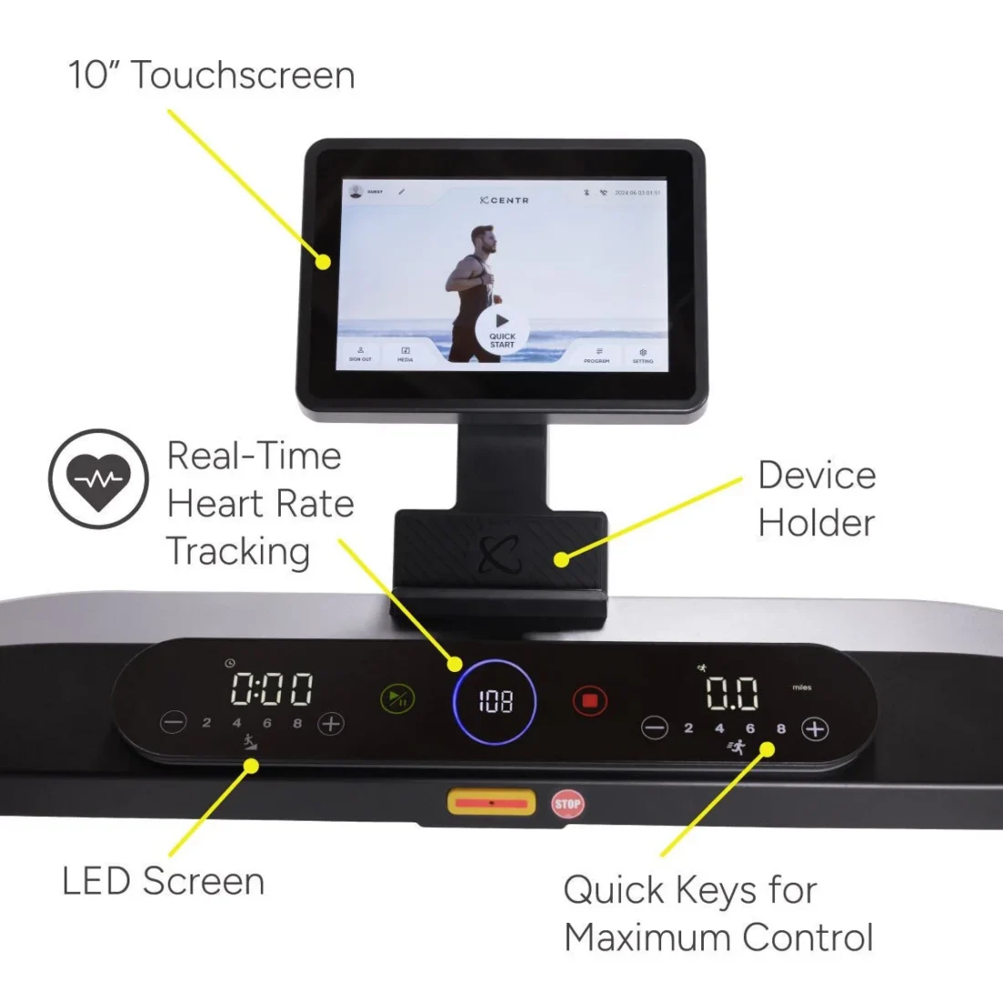 Centr Runr-S console with 10 inch touchscreen, LED screen, real-time heart rate, device holder and quick keys