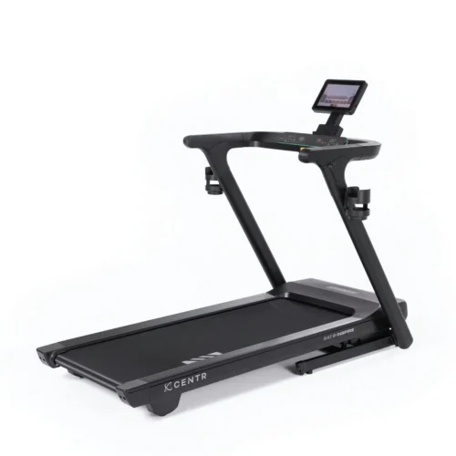 Centr Runr-S folding treadmill with 10 inch touchscreen, three-quarter view on white