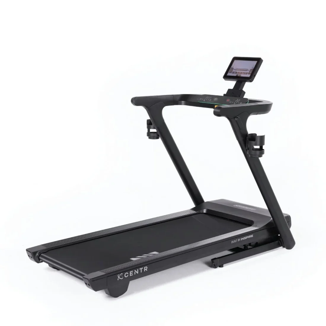 Centr Runr-S folding treadmill with 10 inch touchscreen, three-quarter view on white