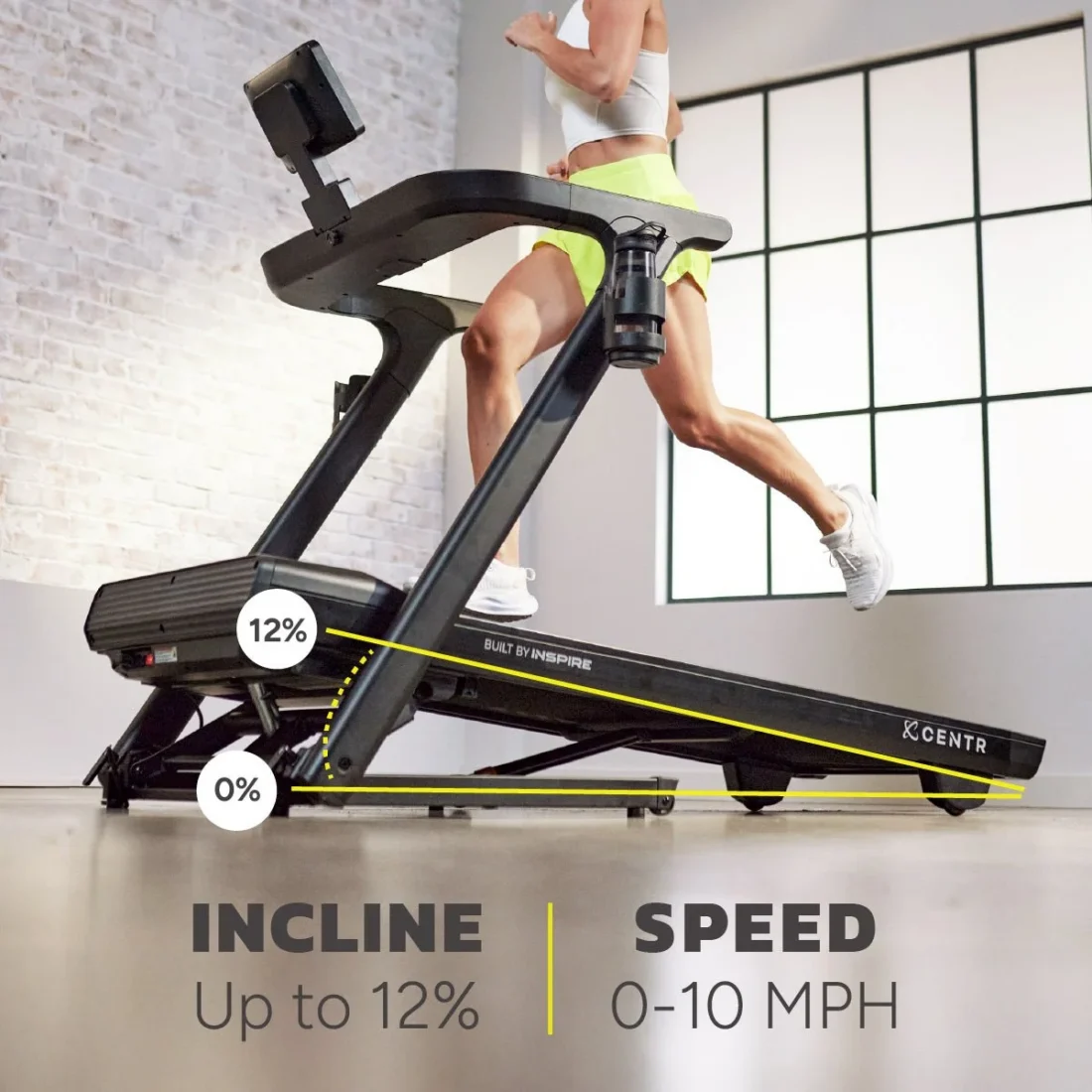 Centr Runr-S at incline with up to 12% incline and 0–10 mph speed callouts