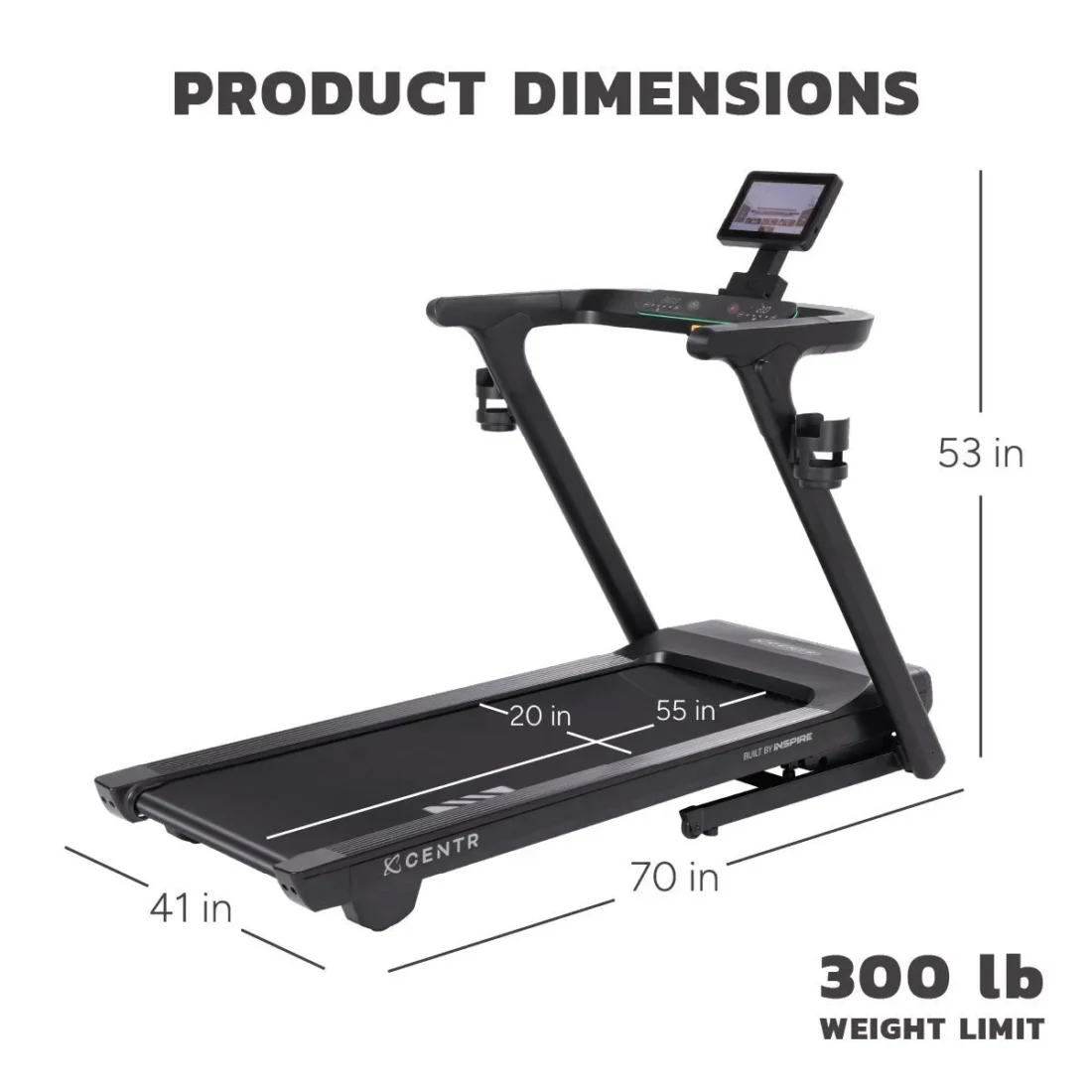 Centr Runr-S dimensions: 70 in long, 41 in wide, 53 in tall, 20 x 55 in belt, 300 lb limit