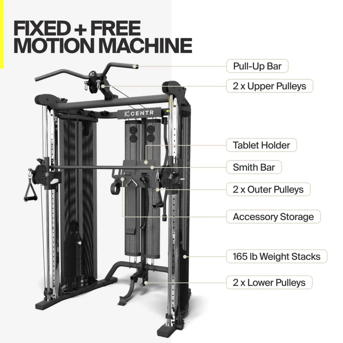 Inspire SF6 overview labeling pull-up bar, upper pulleys, tablet holder, Smith bar, outer pulleys, accessory storage, 165 lb stacks and lower pulleys